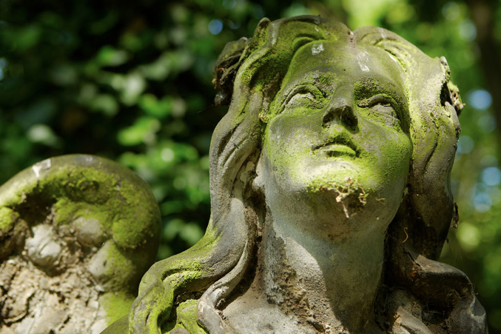 statue en pierre recouvert de mousse dans une foret